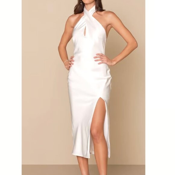 Lulus Dresses & Skirts - LULUS Women's Satin Deep V-Neck Halter Slit Maxi Dress Size L In White